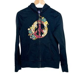Vintage Y2K Lucky Brand Embroidered Hoodie Womens M Peace Sign Asian Bird